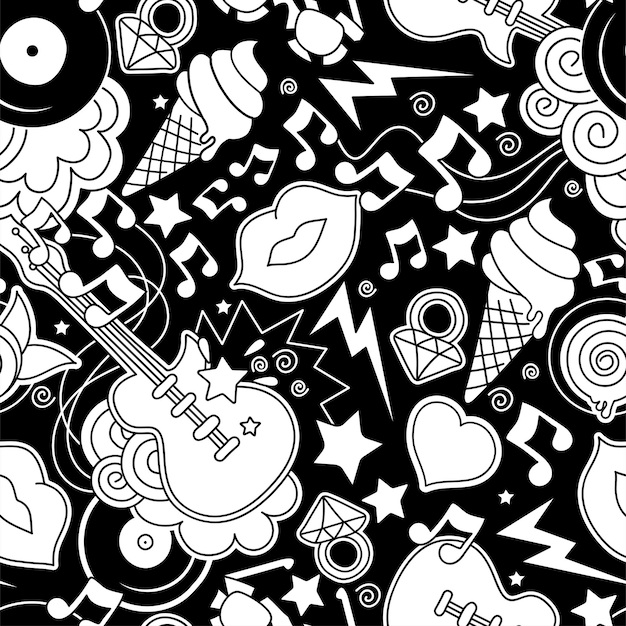 Patrón vectorial sin costuras en blanco y negro Ilustración de moda Dibujo en estilo moderno para ropa Dibujo para niños Ropa y telas o embalaje Fondo de arte pop