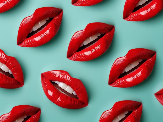 Patrón vibrante de labios rojos en fondo turquesa y verde para el concepto de diseño de belleza y moda