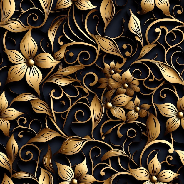 patrón de vid floral dorado en estilo kirigami sobre un fondo negro