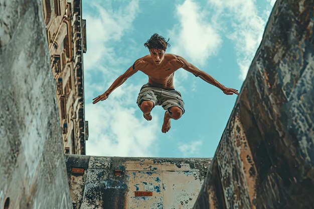 Patrones abstractos del arte urbano en actuaciones de Parkour