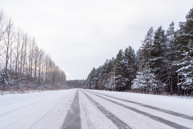 Patrones en la carretera de invierno en forma de cuatro líneas rectas. Camino nevado en el fondo del bosque nevado. Paisaje de invierno.