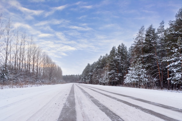 Patrones en la carretera de invierno en forma de cuatro líneas rectas. Camino nevado en el fondo del bosque nevado. Paisaje de invierno.