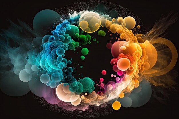 Patrones de círculo geométrico abstracto sobre fondo oscuro explosión de humo colorido