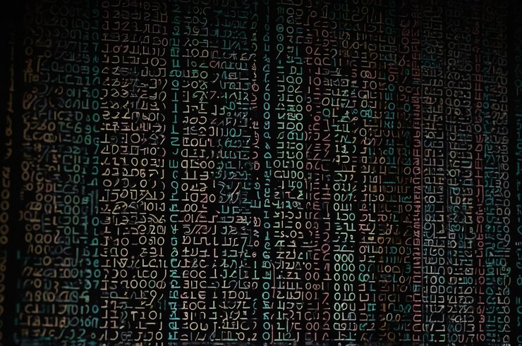 Foto patrones de código de inteligencia artificial en la pantalla oscura