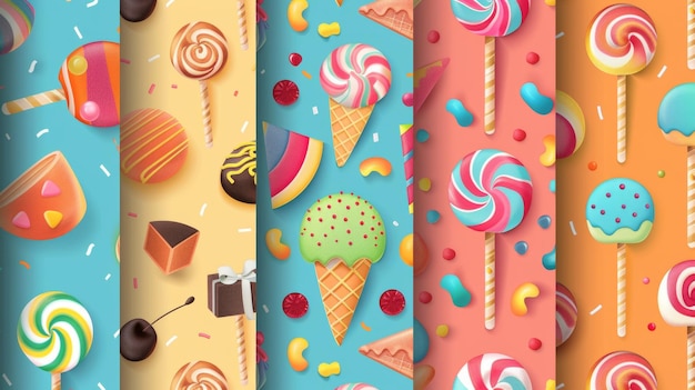 Patrones sin costuras de caramelos fondos dulces interminables conos de helado de piruleta confitería impresiones repetitivas texturas para envolver tela diseño textil ilustraciones modernas planas de colores