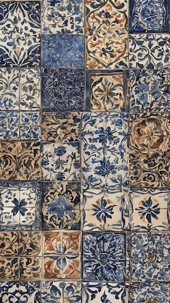 Patrones decorativos mediterráneos de acuarela en azulejos monocromáticos patrones de diseño de bordes