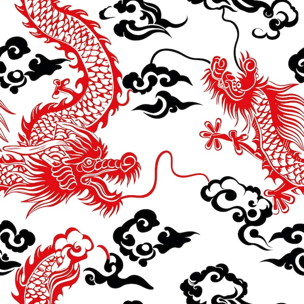 Patrones de dragón chinos con líneas fluidas y delineados en C patrón de azulejos sin costura arte collage tinta
