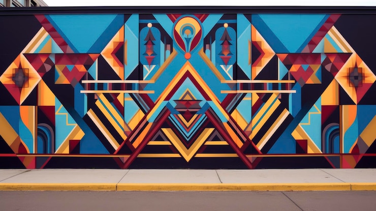 Foto patrones geométricos en un vibrante mural callejero creado con tecnología de ia generativa