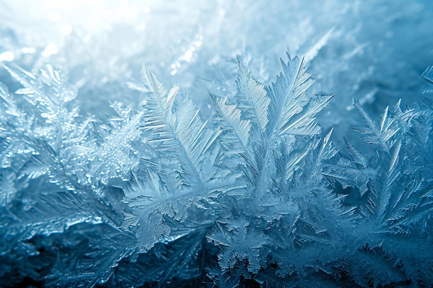 Patrones de heladas de invierno en vidrio Cristales de hielo o fondo de invierno frío