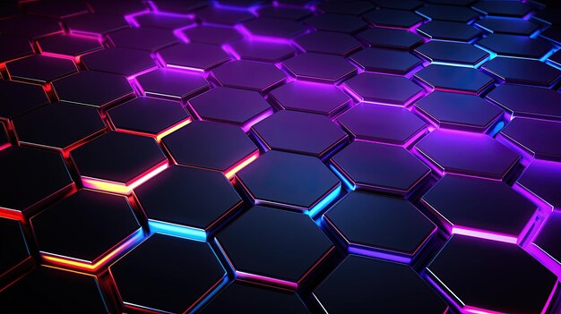 Patrones hexagonales futuristas con luces de neón y texturas metálicas