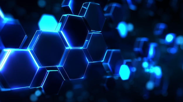 Patrones hexagonales iluminados en azul que muestran un diseño futurista en un entorno abstracto