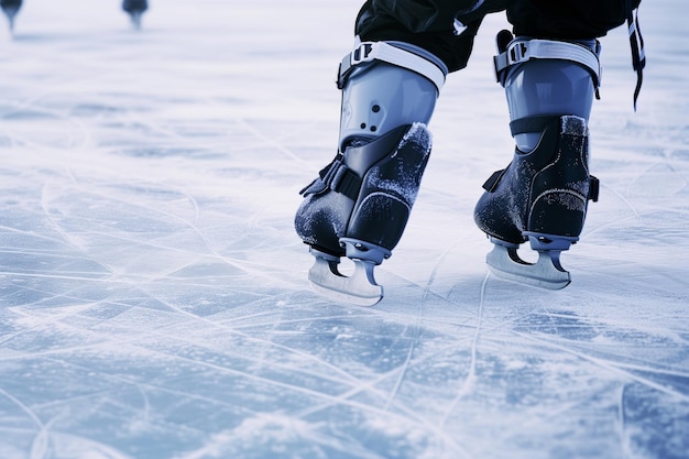 Patrones de hielo en patinador de hielo con rodillas que se deslizan detrás