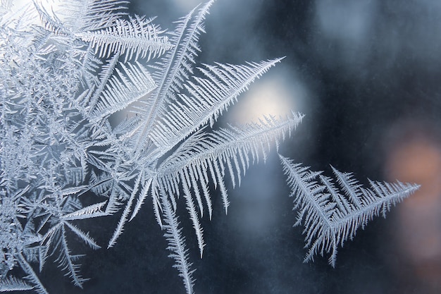 Patrones de hielo en ventana congelada. las estaciones de la naturaleza y la singularidad