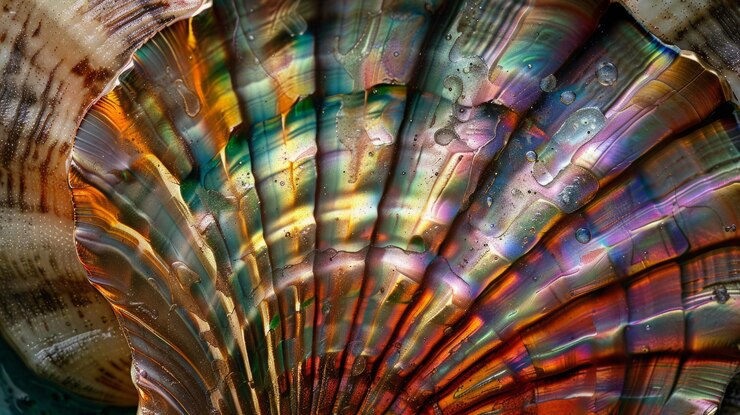 Foto patrones intrincados y colores iridescentes de la concha de vieira que destacan las texturas detalladas y la belleza natural de la conca en un formato 169