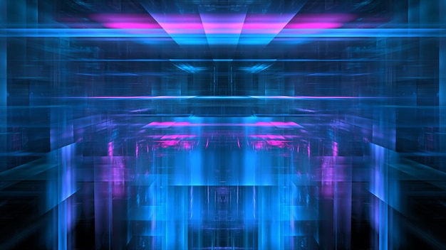 Los patrones de luz coloridos se mezclan para crear una impresionante obra de arte digital abstracta que muestra vibrantes tonos azules y rosados en un arreglo futurista dinámico renderizado en 3D