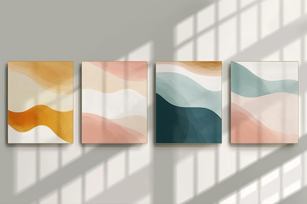 Patrones de ondas pastel abstractos en cuatro piezas de arte decorativo de la pared a la luz del sol