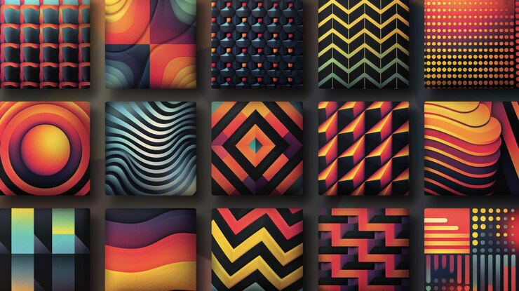 Patrones retro geométricos con colores audaces y diseños intrincados ideales para textiles de fondo