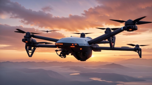 Patrulla de drones militares no tripulados Sentinel of the Skies al atardecer