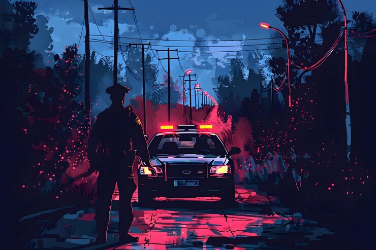 Patrulla nocturna Un oficial de policía en servicio en un paisaje sereno