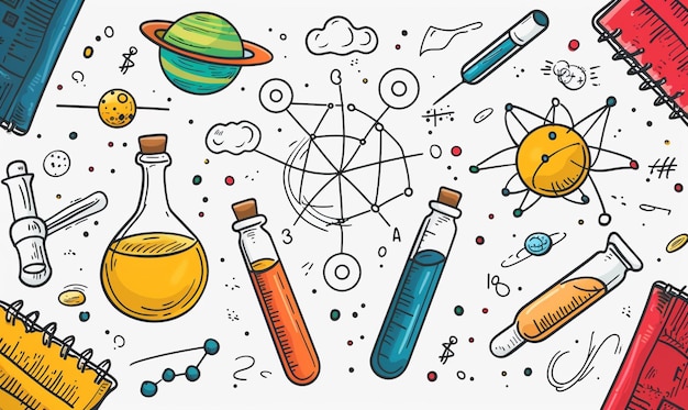 Foto pattern with science instruments cute doodle illustration white background