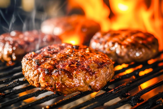 Patties de hambúrguer de carne a ferver no churrasco