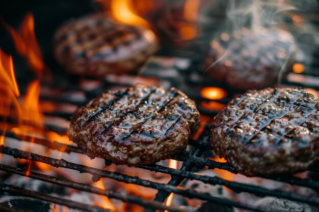 Foto patties de hambúrguer grelhados em grelha de carvão em chamas vista superior cozinha de comida para festa ao ar livre