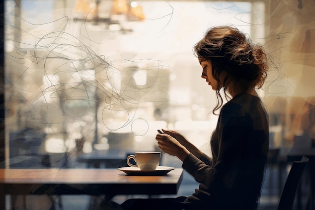 Pausa de café relaxante com uma mulher à mesa IA generativa