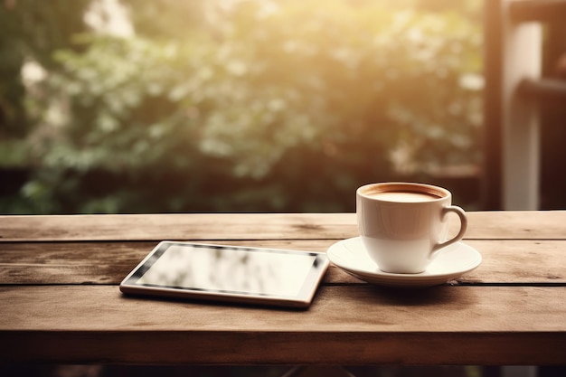 Pausa para o café da manhã ou espaço de trabalho mínimo com um tablet e uma xícara em uma mesa vintage