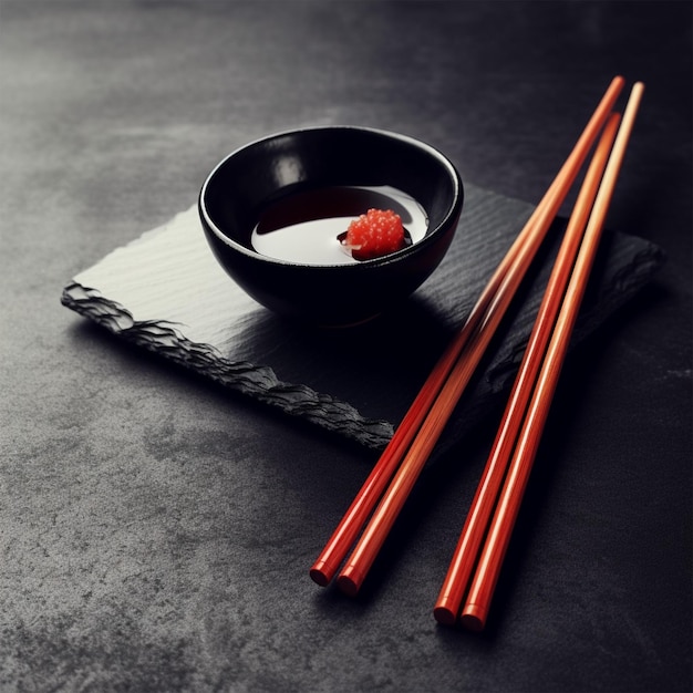 Pauzinhos de sushi japonês sobre tigela de molho de soja