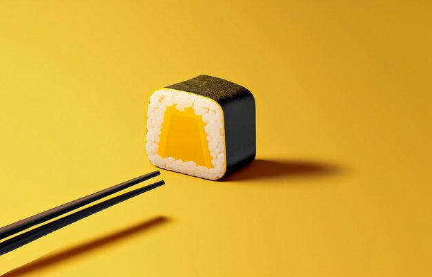 pauzinhos que leva o único sushi em fundo amarelo generativo Ai