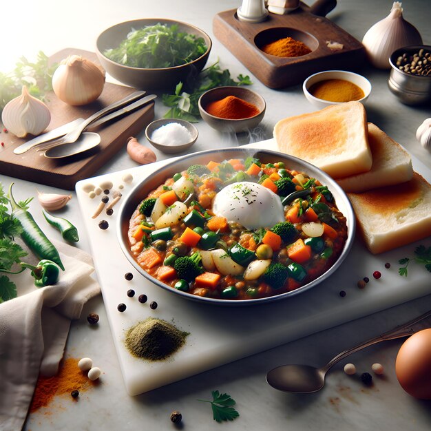 Foto pav bhaji es un plato tradicional indio con hierbas frescas.