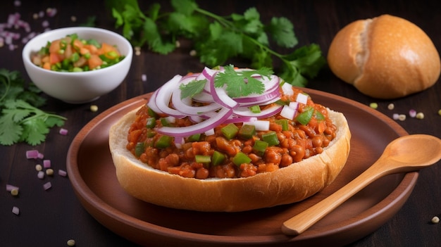 Pav bhaji servido en Mumbai Vista desde arriba hacia abajo