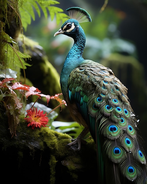 pavão com penas azuis e verdes sentado em um galho musgoso gerador de IA