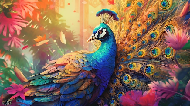 Pavão elegante exibiu suas penas coloridas Generative AI