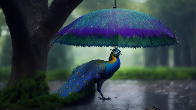 Pavão em pé na chuva