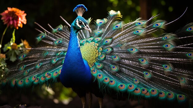 Pavão exibindo penas vibrantes na cauda