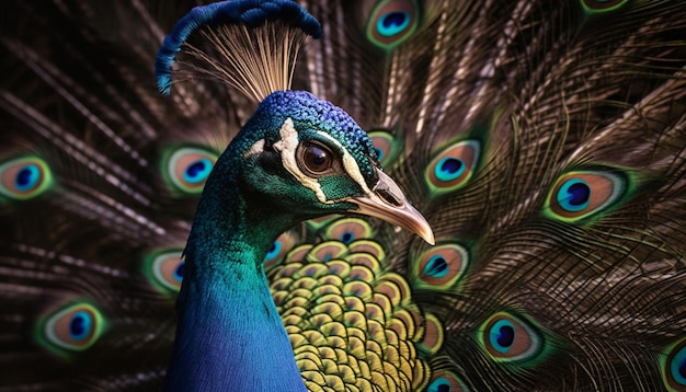 Pavão majestoso exibe elegância vibrante na natureza gerada por IA