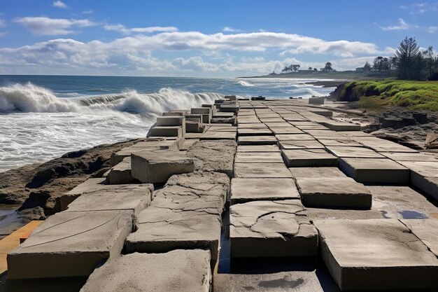 Paver em um canteiro de obras costeiro com ondas do oceano no fundo Paver fotografia de imagem