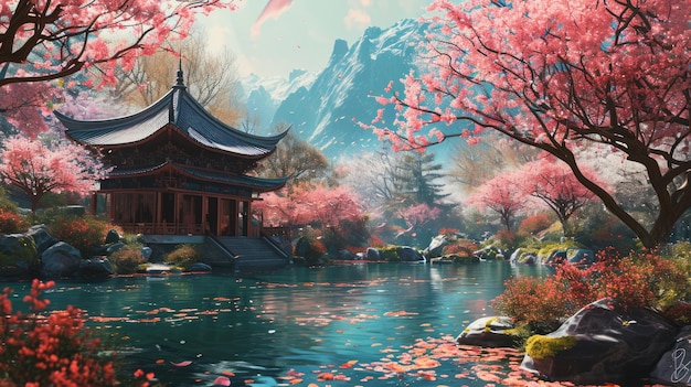 Pavilhão de estilo chinês na floresta de outono ilustração 3D IA geradora