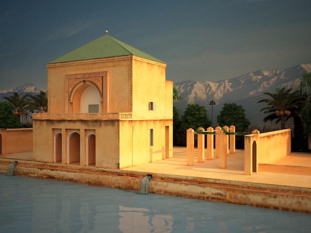 Pavilhão Saadian Jardins de Menara e Atlas em Marrakech Menara monumento Marrocos ilustração 3d