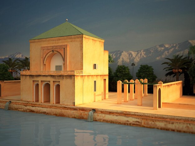 Pavilhão Saadian Jardins de Menara e Atlas em Marrakech Menara monumento Marrocos ilustração 3d