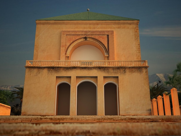 Pavilhão Saadian Jardins de Menara e Atlas em Marrakech Menara monumento Marrocos ilustração 3d