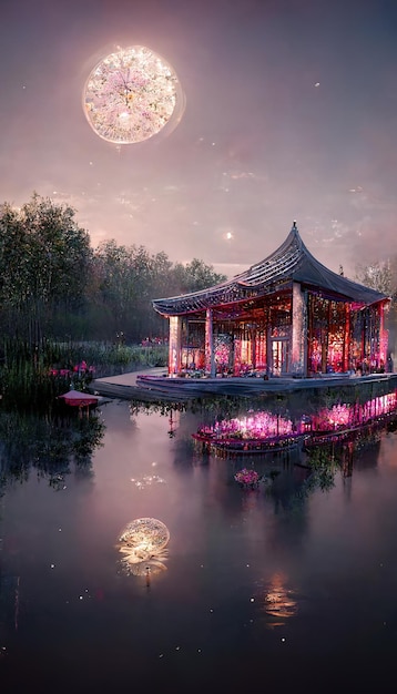 Pavilhões em estilo chinês no centro do lago