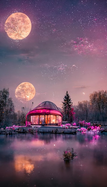 Pavilhões em estilo chinês no centro do lago