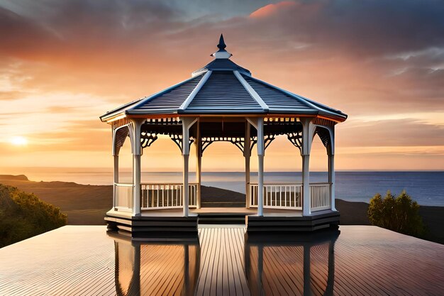 Pavillon am Meer mit Sonnenuntergang