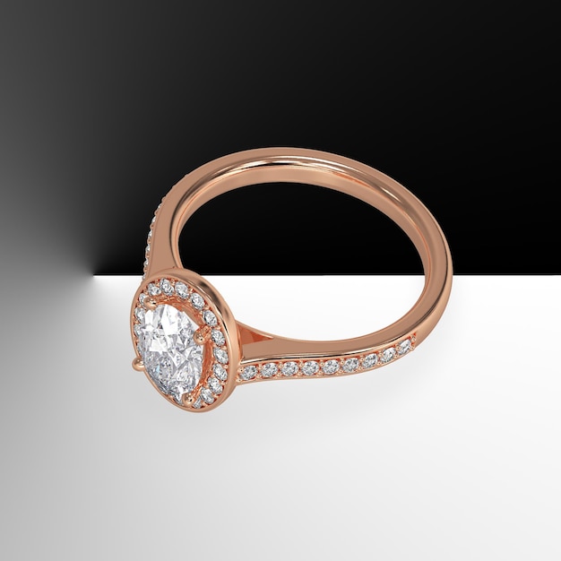 Pavimentação de diamante oval halo com gemas cravejadas laterais em ouro rosa renderização 3d