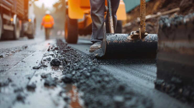 Un pavimentador en acción creando una carretera lisa en un sitio de construcción ocupado