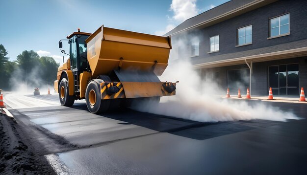 Foto un pavimentador colocando asfalto fresco en una carretera recién construida con vapor que se eleva