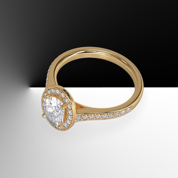 Pavimentar diamante oval cravejado de halo com pedras preciosas cravejadas laterais em ouro amarelo 3d render