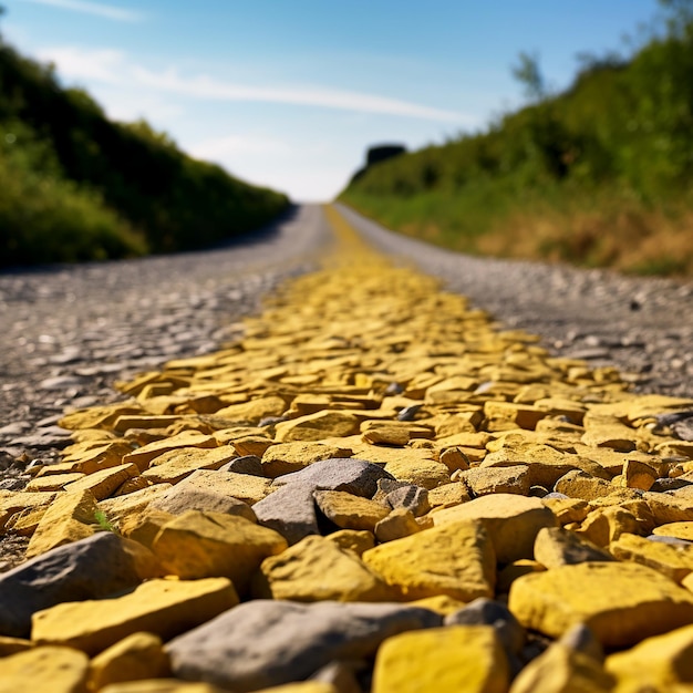 Pavimento amarelo na estrada de cascalho